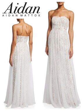 Aidan by AIDAN MATTOX Strapless Embroidered Floral Mesh Gown